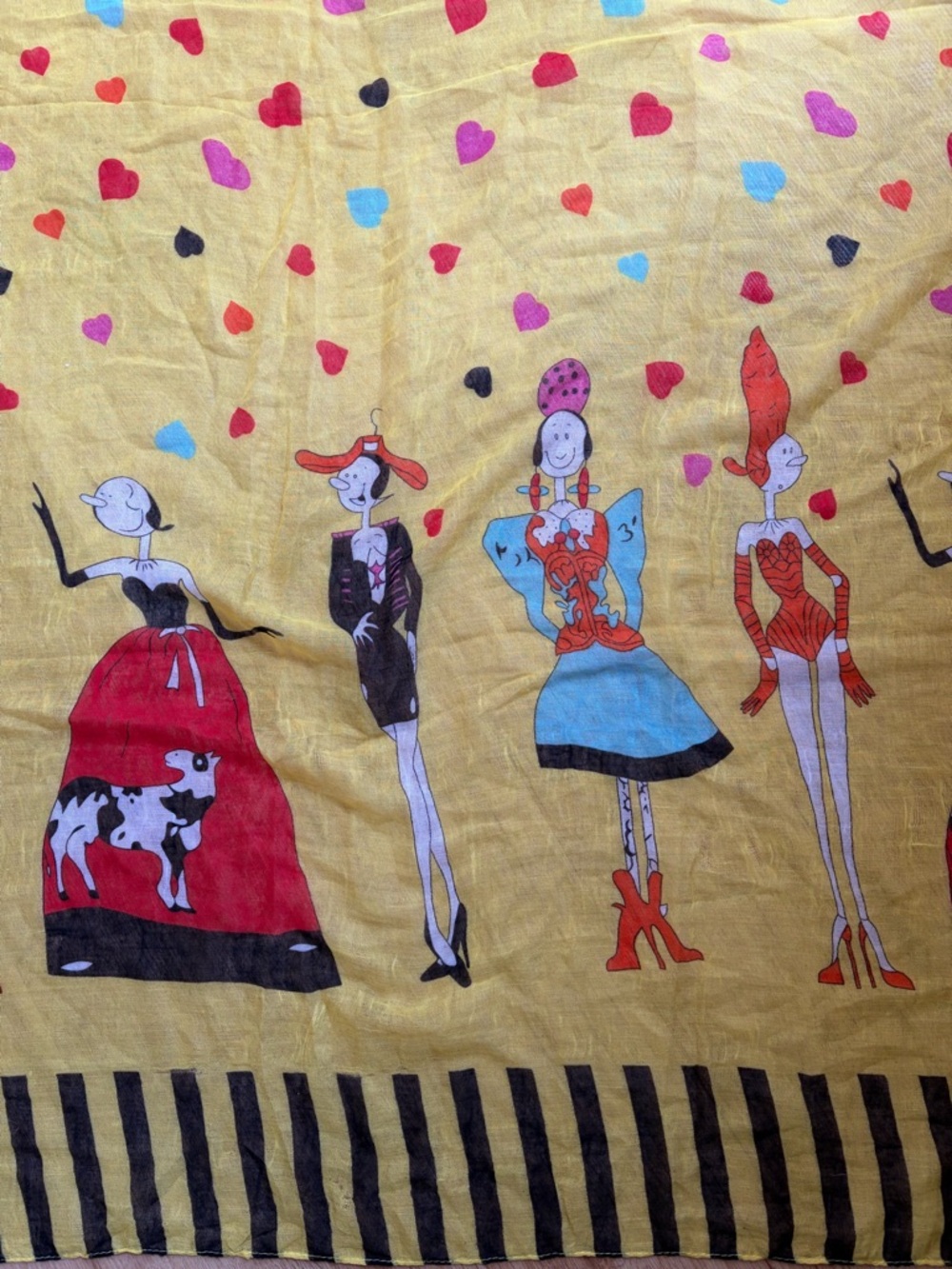 Rare Vintage Scarf Wrap Whimsical Large Yellow Black Red Heart Fashion Figure